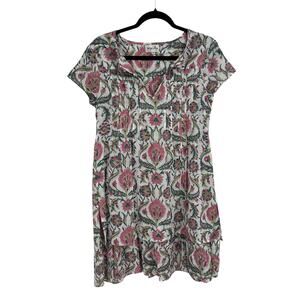 Vintage Ibiza Pink Green Floral Print Short Sleeve Cotton Dress Womens Small